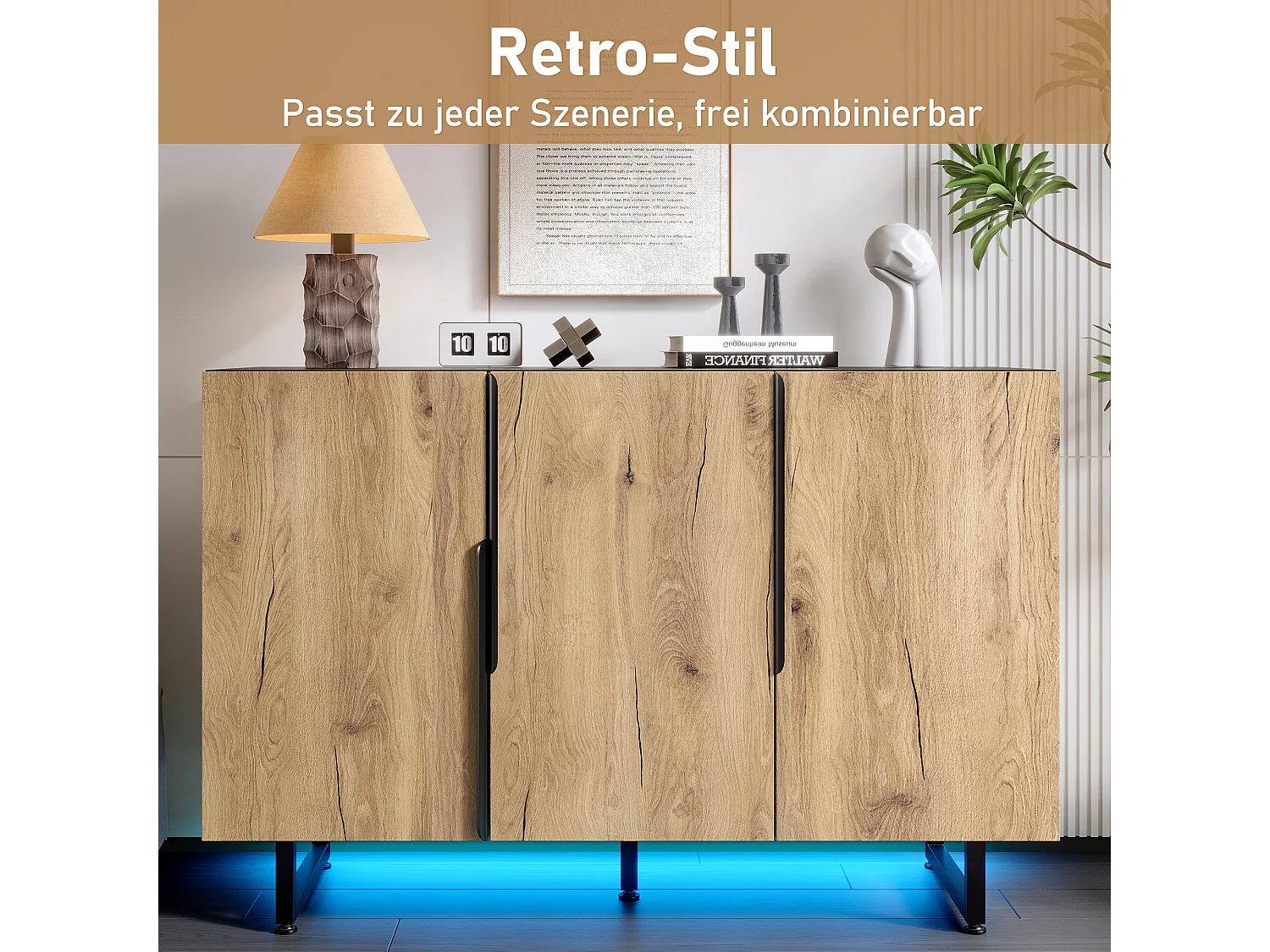 Buffet rétro avec Leds - 120 x 40 x 80 cm - avec étagères + pieds réglables + 3 portes - bois + métal - naturel