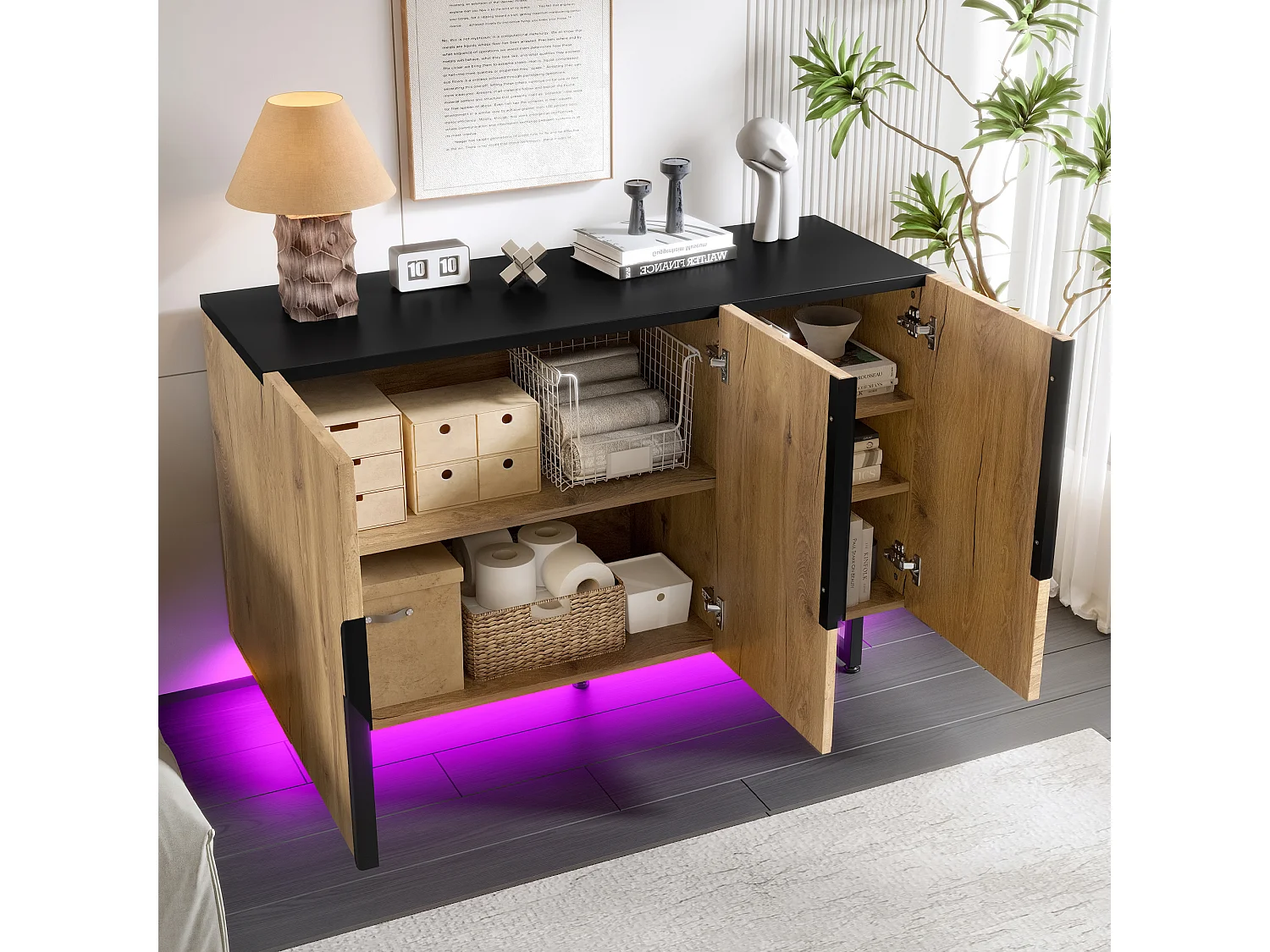 Buffet rétro avec Leds - 120 x 40 x 80 cm - avec étagères + pieds réglables + 3 portes - bois + métal - naturel