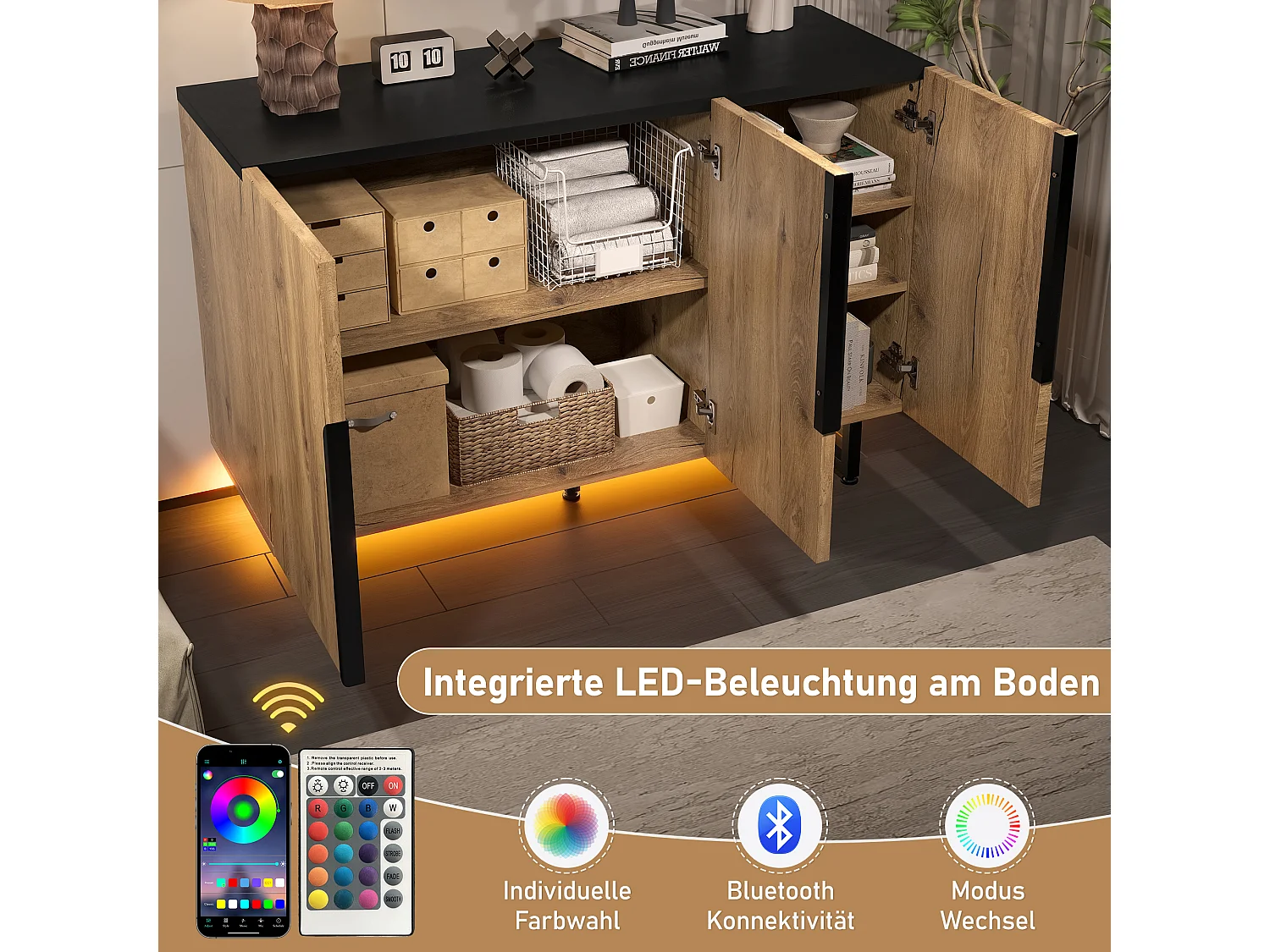 Buffet rétro avec Leds - 120 x 40 x 80 cm - avec étagères + pieds réglables + 3 portes - bois + métal - naturel