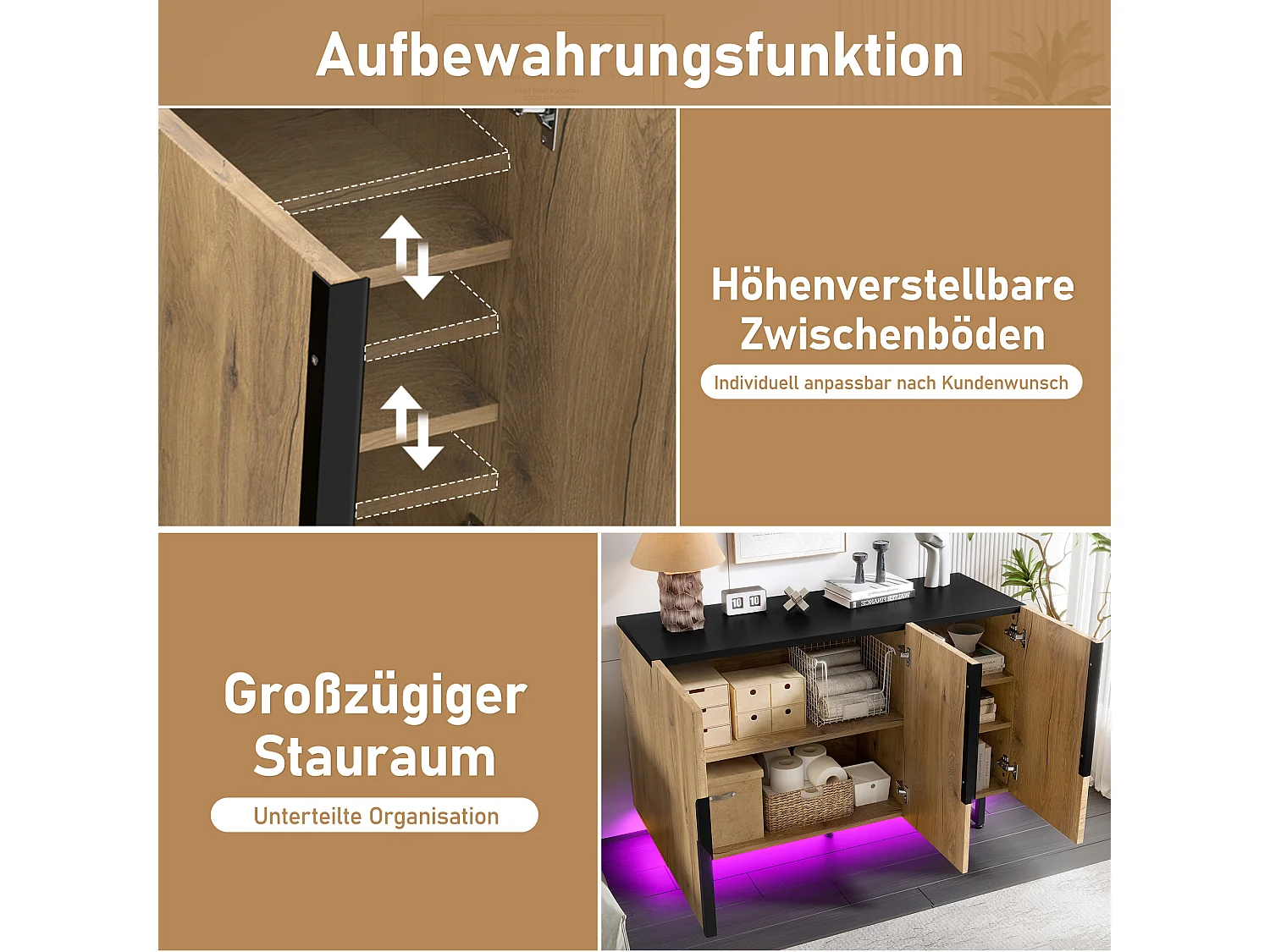 Buffet rétro avec Leds - 120 x 40 x 80 cm - avec étagères + pieds réglables + 3 portes - bois + métal - naturel