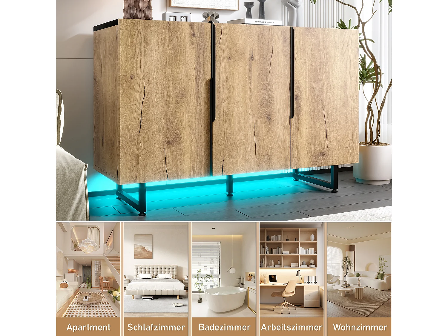 Buffet rétro avec Leds - 120 x 40 x 80 cm - avec étagères + pieds réglables + 3 portes - bois + métal - naturel