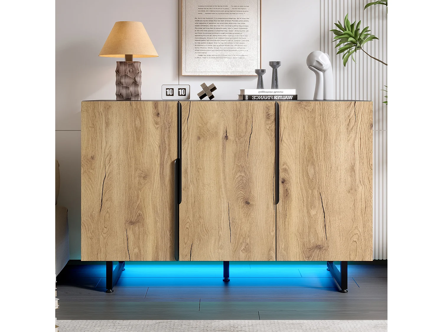 Buffet rétro avec Leds - 120 x 40 x 80 cm - avec étagères + pieds réglables + 3 portes - bois + métal - naturel