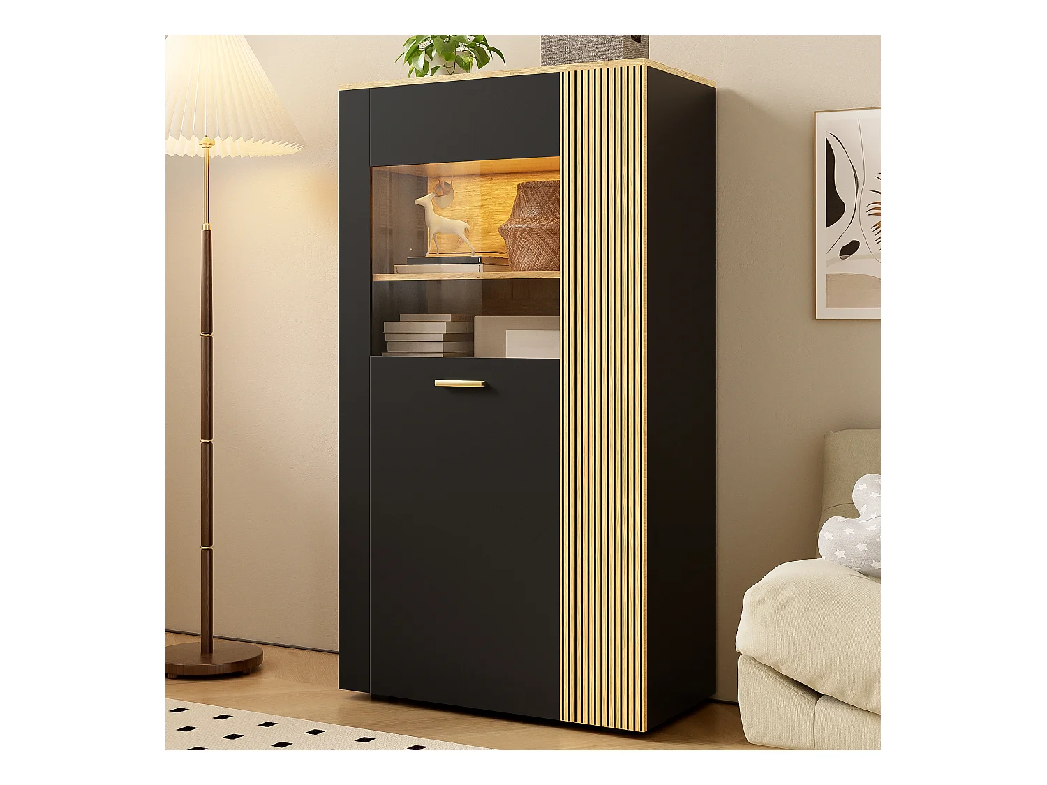 Buffet de rangement moderne - 80 x 40 x 146 cm - avec Leds + 1 porte + 5 étagères - aggloméré - noir
