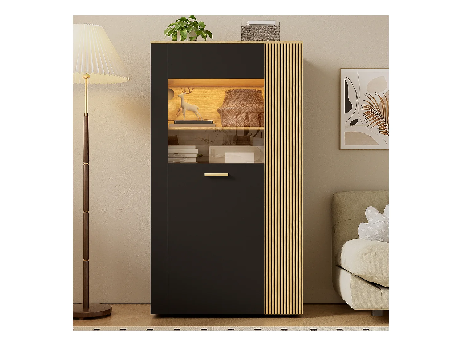 Buffet de rangement moderne - 80 x 40 x 146 cm - avec Leds + 1 porte + 5 étagères - aggloméré - noir