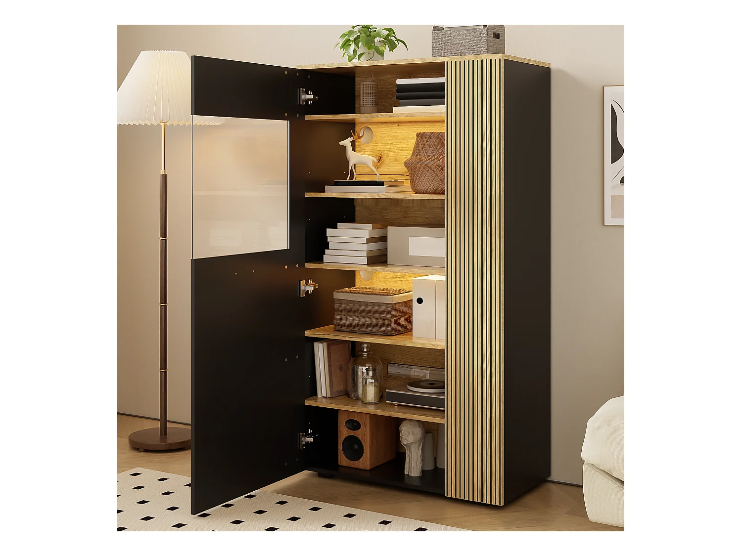 Buffet de rangement moderne - 80 x 40 x 146 cm - avec Leds + 1 porte + 5 étagères - aggloméré - noir