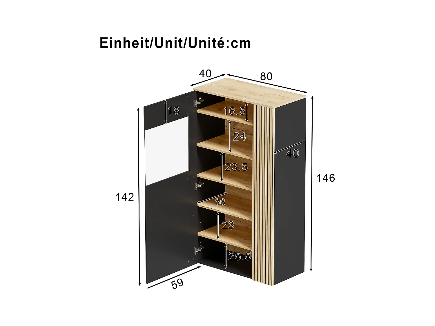 Buffet de rangement moderne - 80 x 40 x 146 cm - avec Leds + 1 porte + 5 étagères - aggloméré - noir