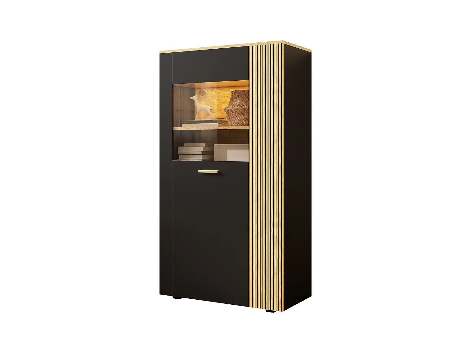 Buffet de rangement moderne - 80 x 40 x 146 cm - avec Leds + 1 porte + 5 étagères - aggloméré - noir