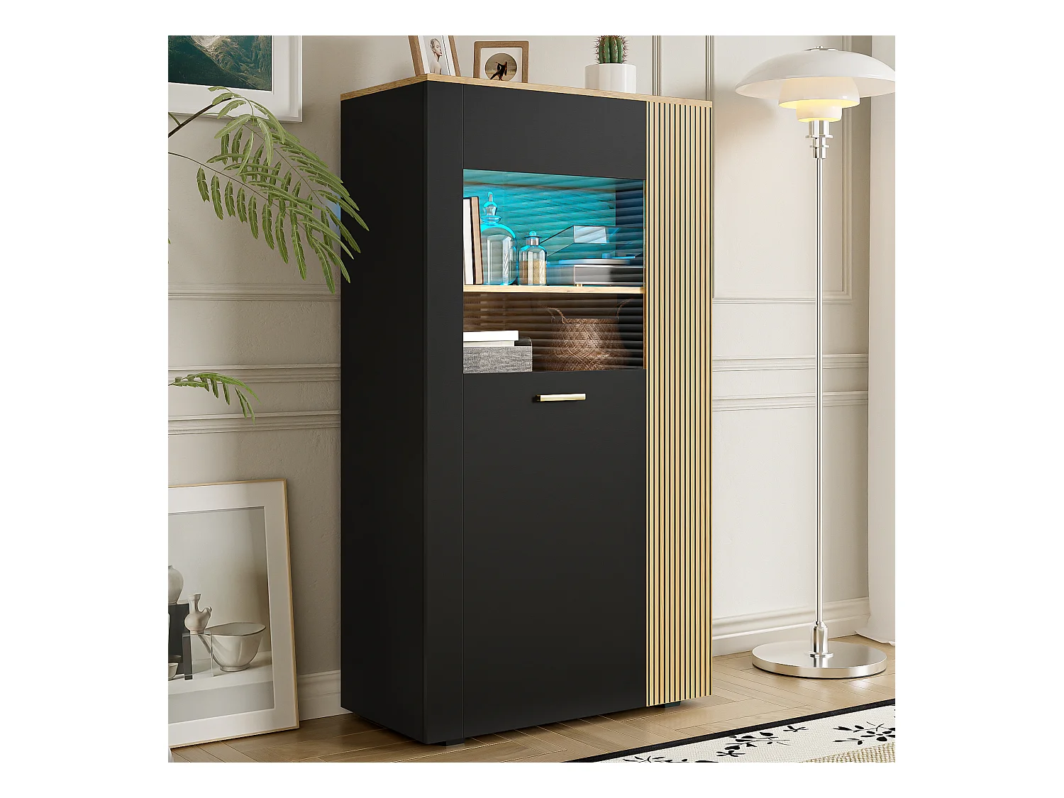 Modernes Sideboard mit Stauraum - 80 x 40 x 146 cm - mit LEDs + 1 Tür + 5 Einlegeböden - Spanplatte - Schwarz