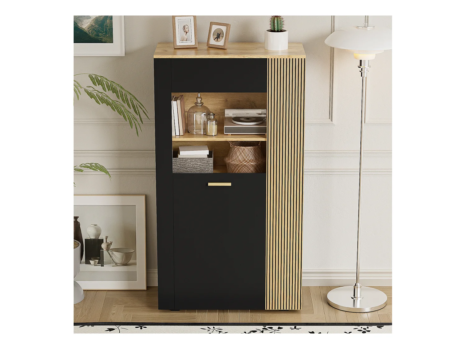 Modernes Sideboard mit Stauraum - 80 x 40 x 146 cm - mit LEDs + 1 Tür + 5 Einlegeböden - Spanplatte - Schwarz