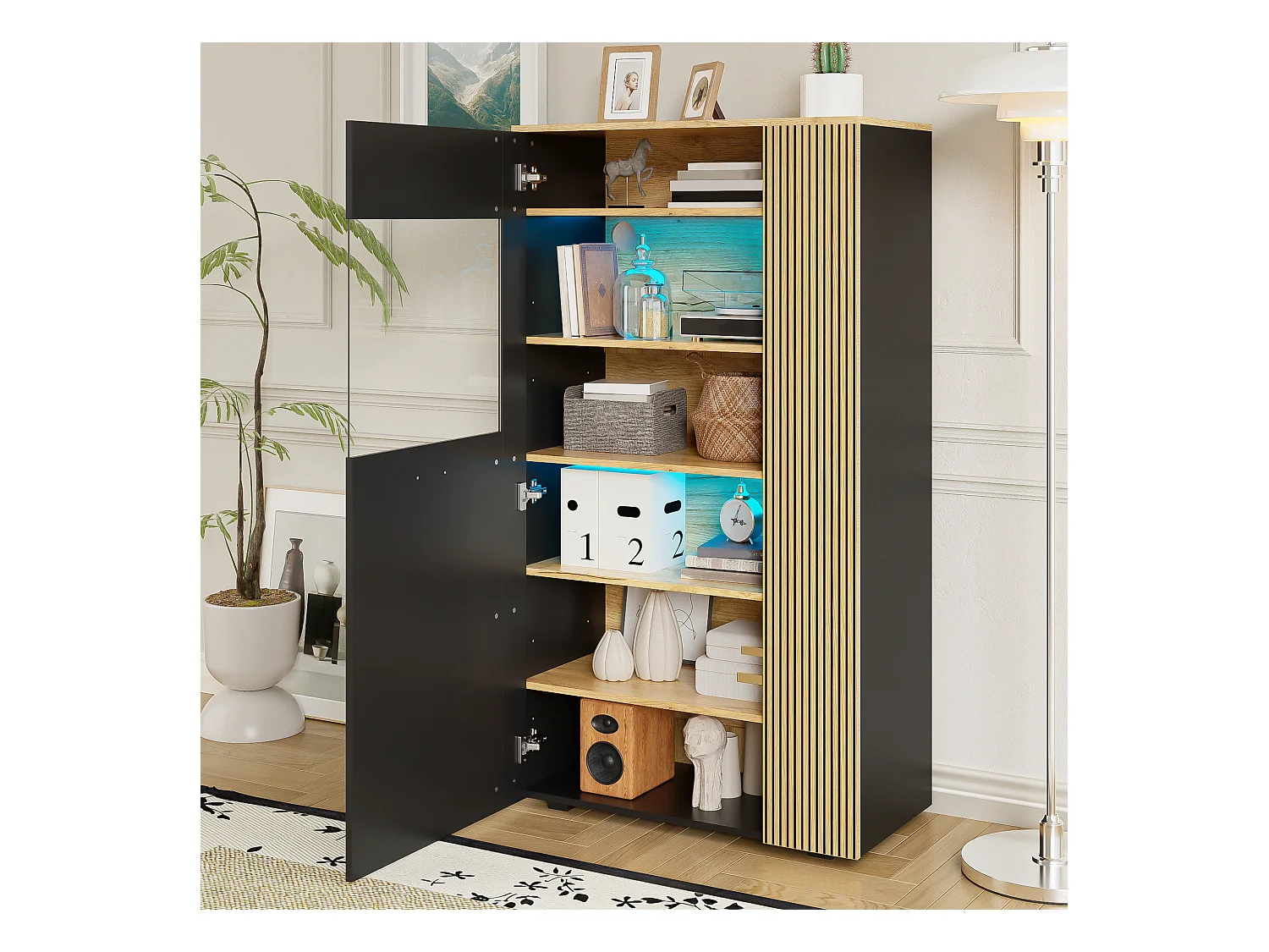 Modernes Sideboard mit Stauraum - 80 x 40 x 146 cm - mit LEDs + 1 Tür + 5 Einlegeböden - Spanplatte - Schwarz