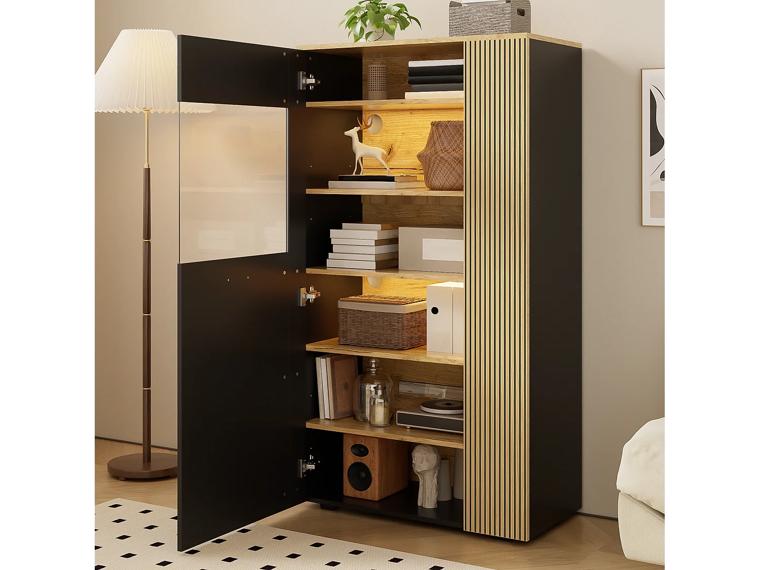 Buffet de rangement moderne - 80 x 40 x 146 cm - avec Leds + 1 porte + 5 étagères - aggloméré - noir