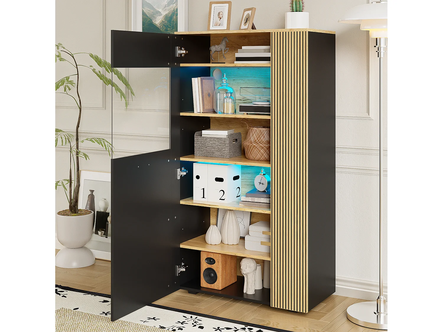Buffet de rangement moderne - 80 x 40 x 146 cm - avec Leds + 1 porte + 5 étagères - aggloméré - noir