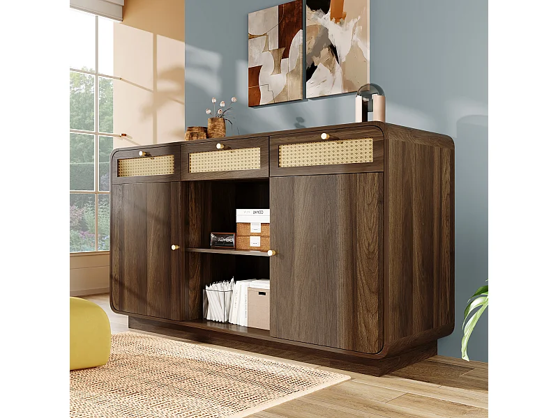 Sideboard aus Walnussholz – 120 x 40 x 85 cm – mit 3 Rattanschubladen + 2 Türen + offenem Regal – MDF + Spanplatte – Braun