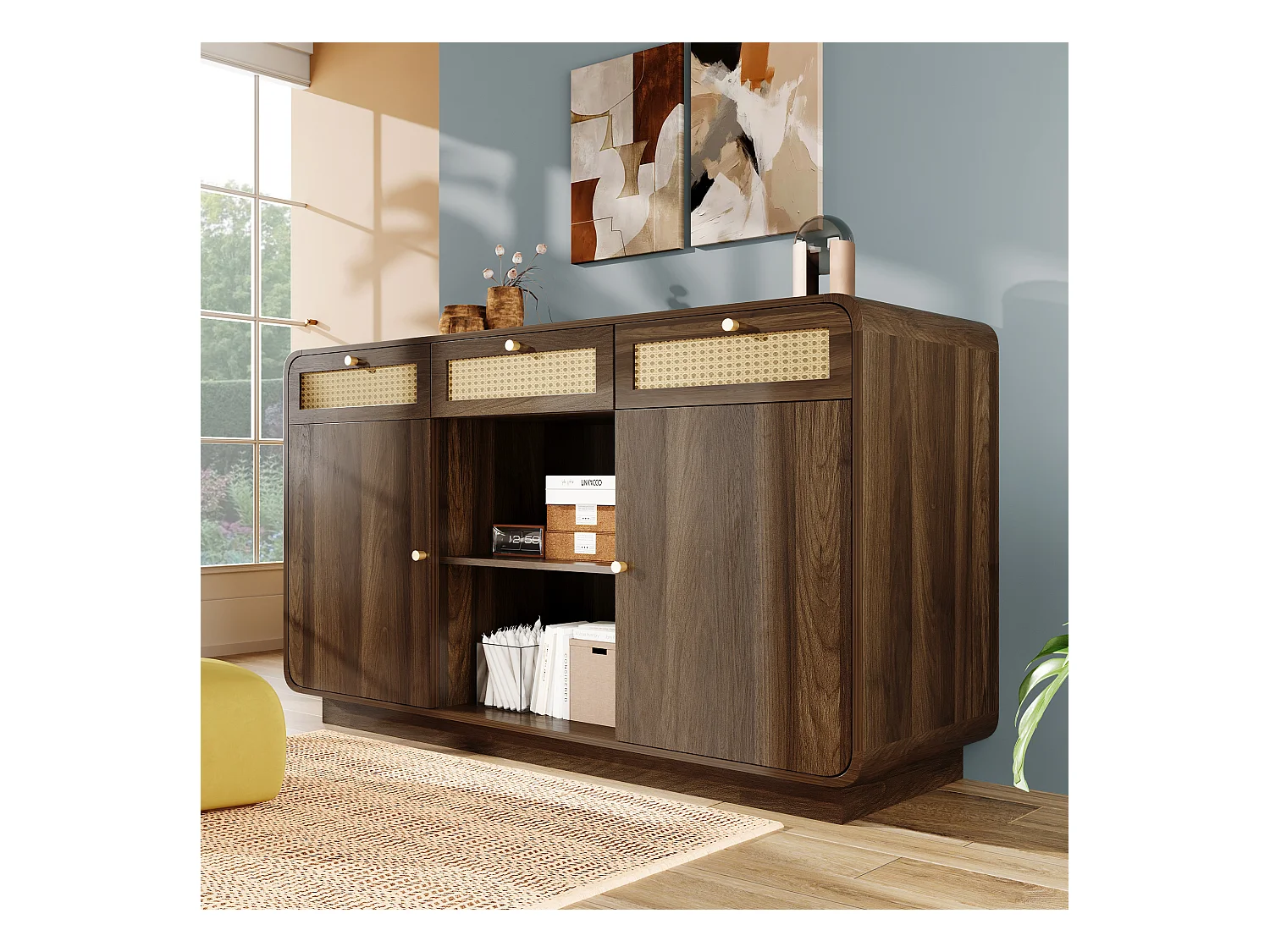 Komoda orzechowa - 120 x 40 x 85 cm - z 3 szufladami z rattanu + 2 drzwiami + otwartą półką - MDF + płyta wiórowa - brązowa