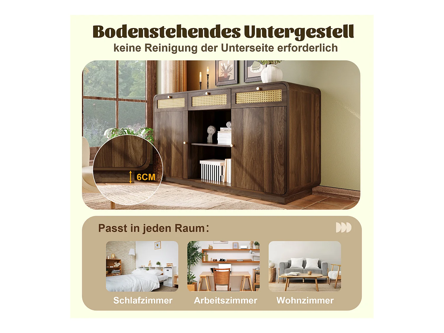 Komoda orzechowa - 120 x 40 x 85 cm - z 3 szufladami z rattanu + 2 drzwiami + otwartą półką - MDF + płyta wiórowa - brązowa