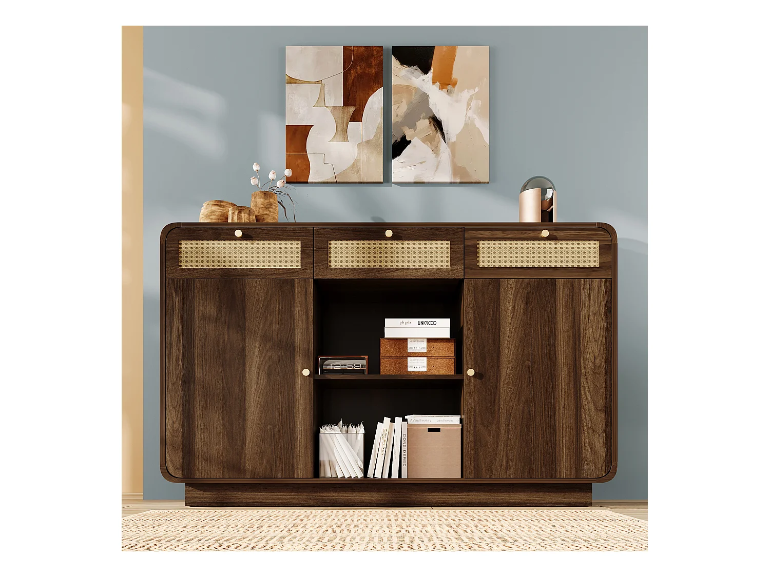 Komoda orzechowa - 120 x 40 x 85 cm - z 3 szufladami z rattanu + 2 drzwiami + otwartą półką - MDF + płyta wiórowa - brązowa