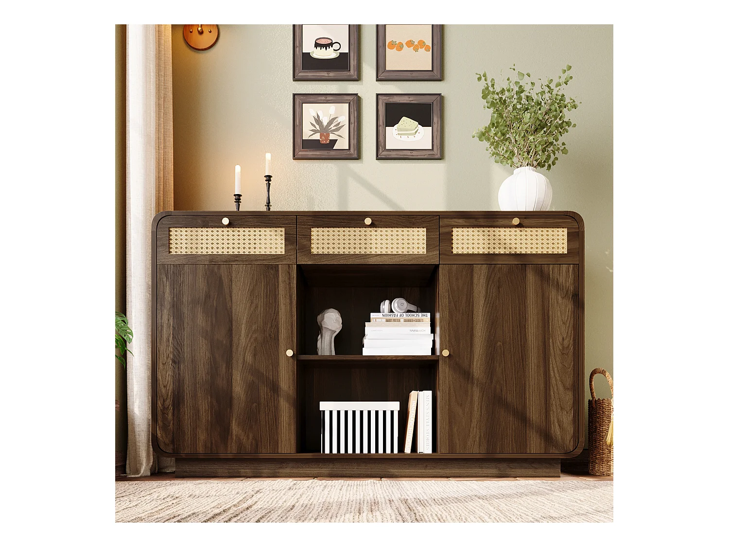 Komoda orzechowa - 120 x 40 x 85 cm - z 3 szufladami z rattanu + 2 drzwiami + otwartą półką - MDF + płyta wiórowa - brązowa