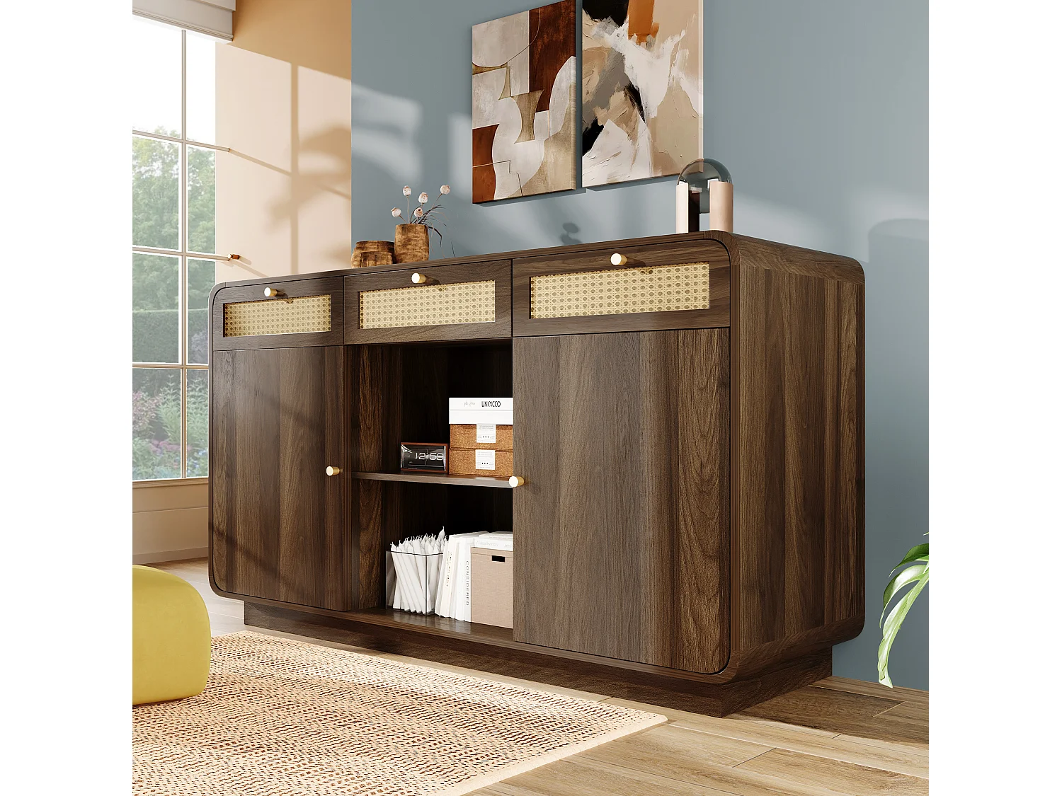 Buffet en noyer - 120 x 40 x 85 cm - avec 3 tiroirs en rotin + 2 portes + étagère ouverte - MDF + aggloméré - marron