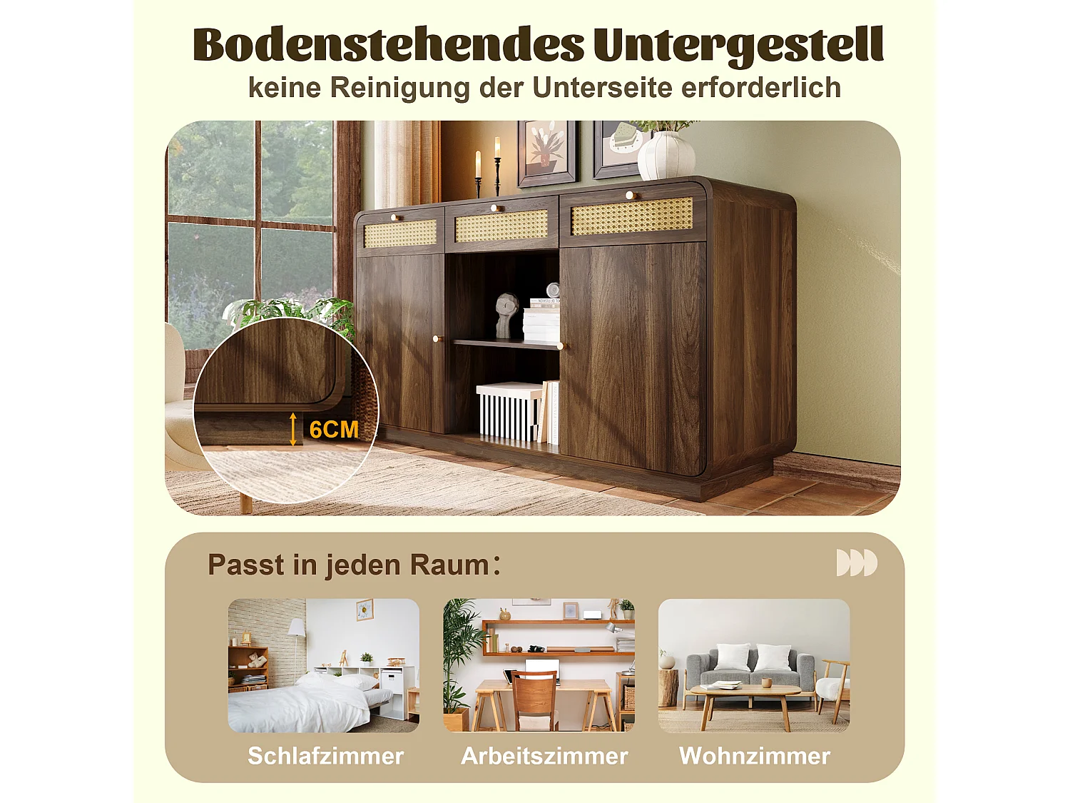 Buffet en noyer - 120 x 40 x 85 cm - avec 3 tiroirs en rotin + 2 portes + étagère ouverte - MDF + aggloméré - marron