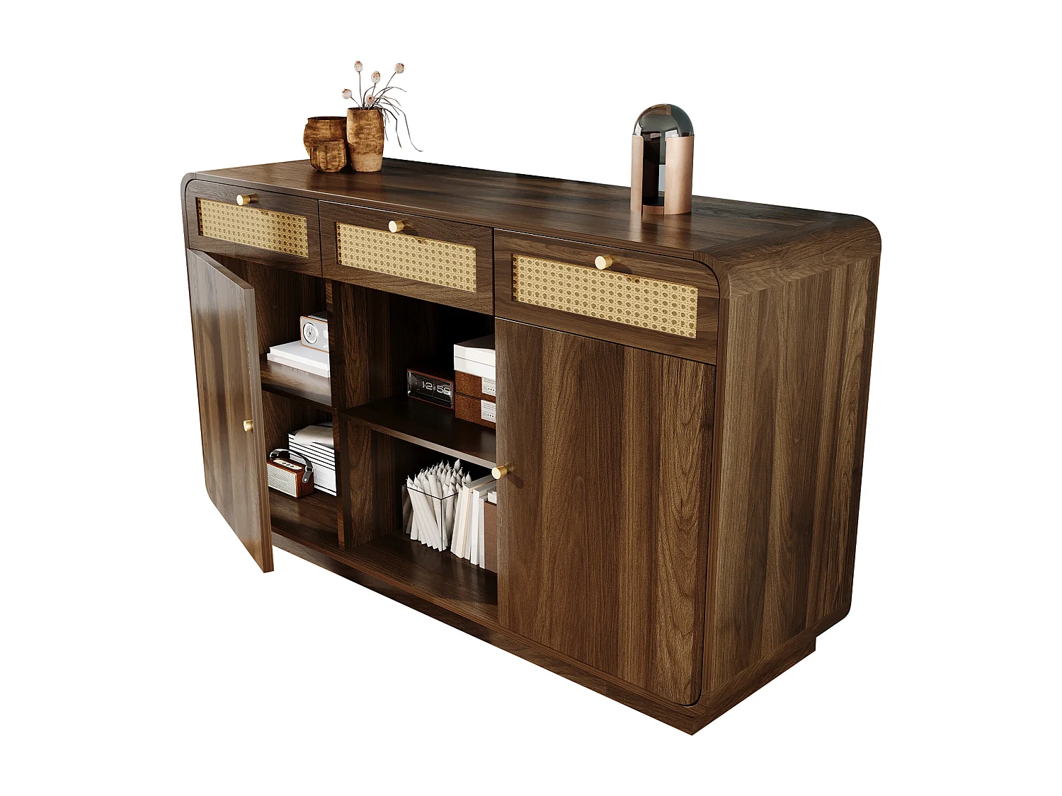 Buffet en noyer - 120 x 40 x 85 cm - avec 3 tiroirs en rotin + 2 portes + étagère ouverte - MDF + aggloméré - marron