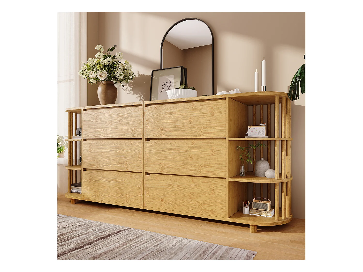 Modernes Sideboard aus Eichenholz – 160 x 40 x 75 cm – mit Bambussäulen und Regalen + 6 Schubladen – Bambus + MDF – Natur