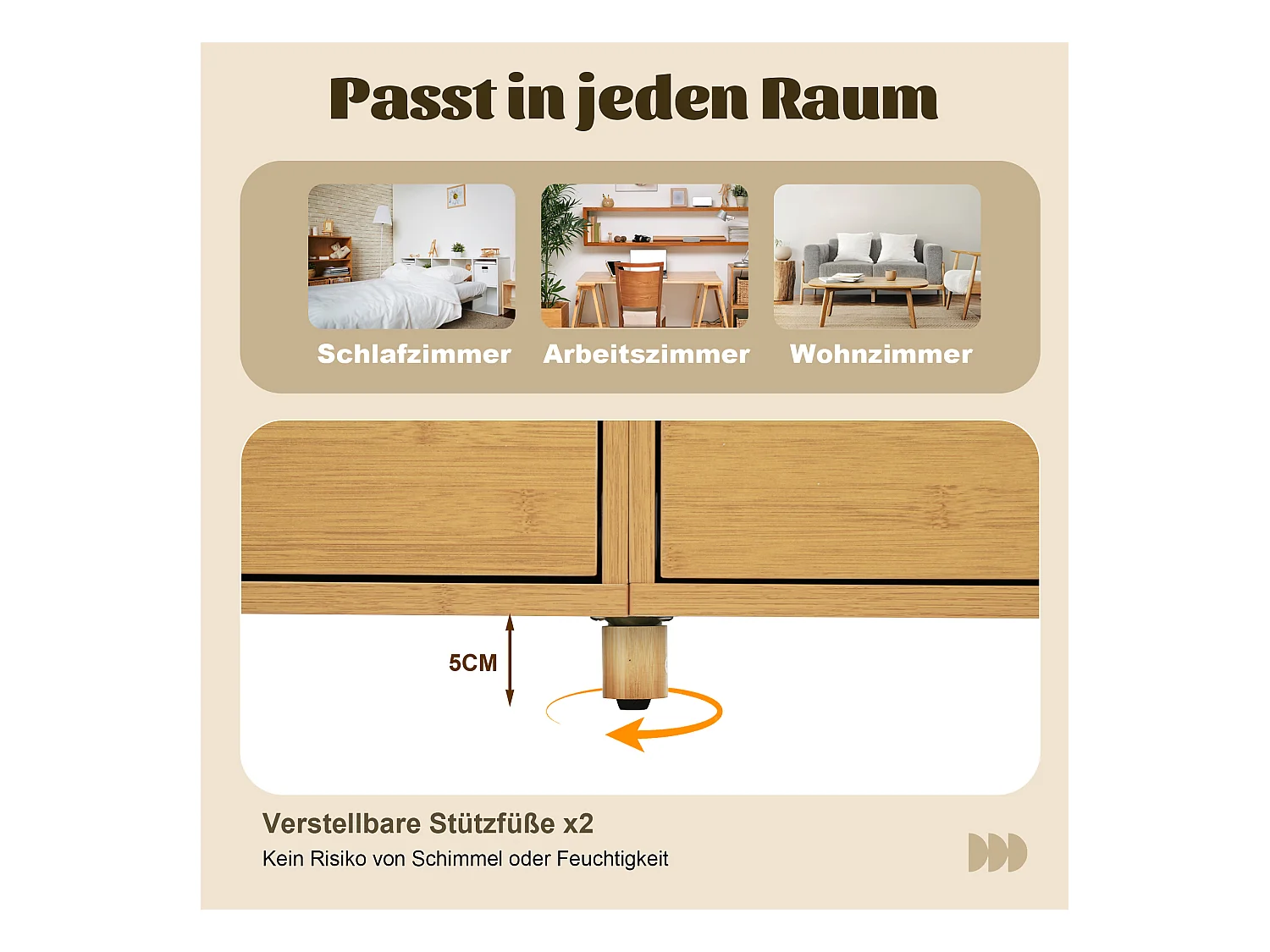 Modernes Sideboard aus Eichenholz – 160 x 40 x 75 cm – mit Bambussäulen und Regalen + 6 Schubladen – Bambus + MDF – Natur