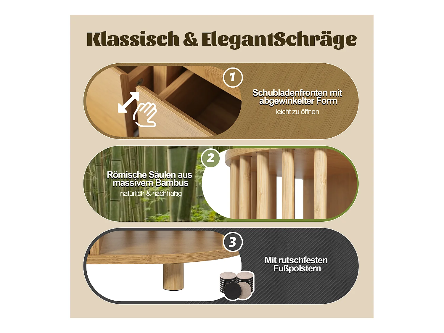 Modernes Sideboard aus Eichenholz – 160 x 40 x 75 cm – mit Bambussäulen und Regalen + 6 Schubladen – Bambus + MDF – Natur