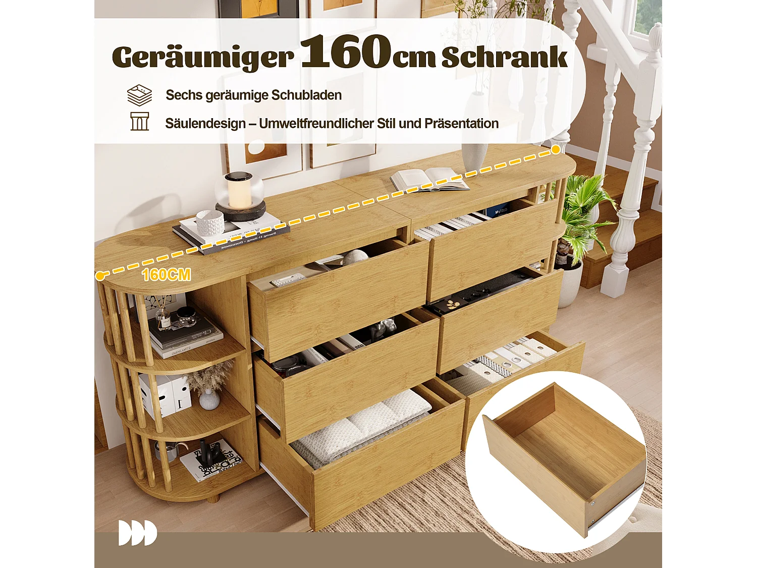 Buffet en chêne moderne - 160 x 40 x 75 cm - avec colonnes et étagères en bambou + 6 tiroirs - Bambou + MDF - naturel