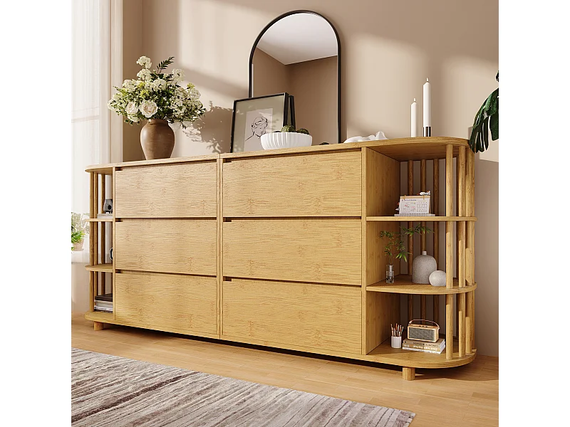 Nowoczesna dębowa komoda - 160 x 40 x 75 cm - z kolumnami i półkami z bambusa + 6 szuflad - Bambus + MDF - naturalny