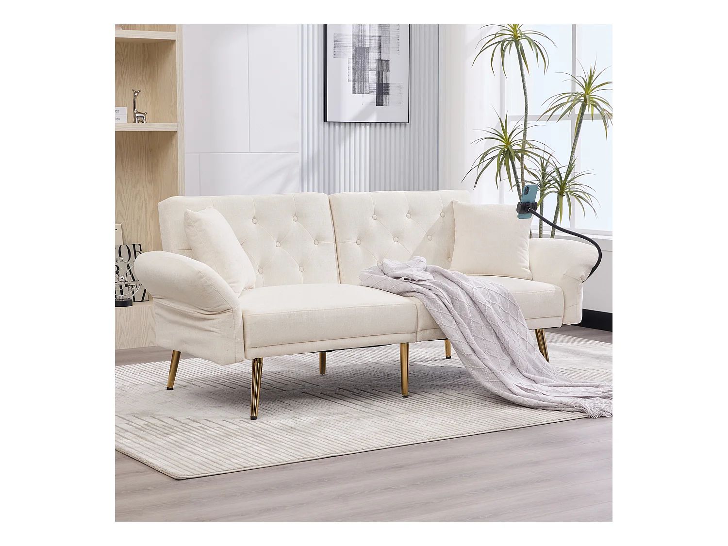 Canapé 2 places convertible avec dossier réglable + 2 USB + poche latérale - 173 x 78 x 78 - velours - beige