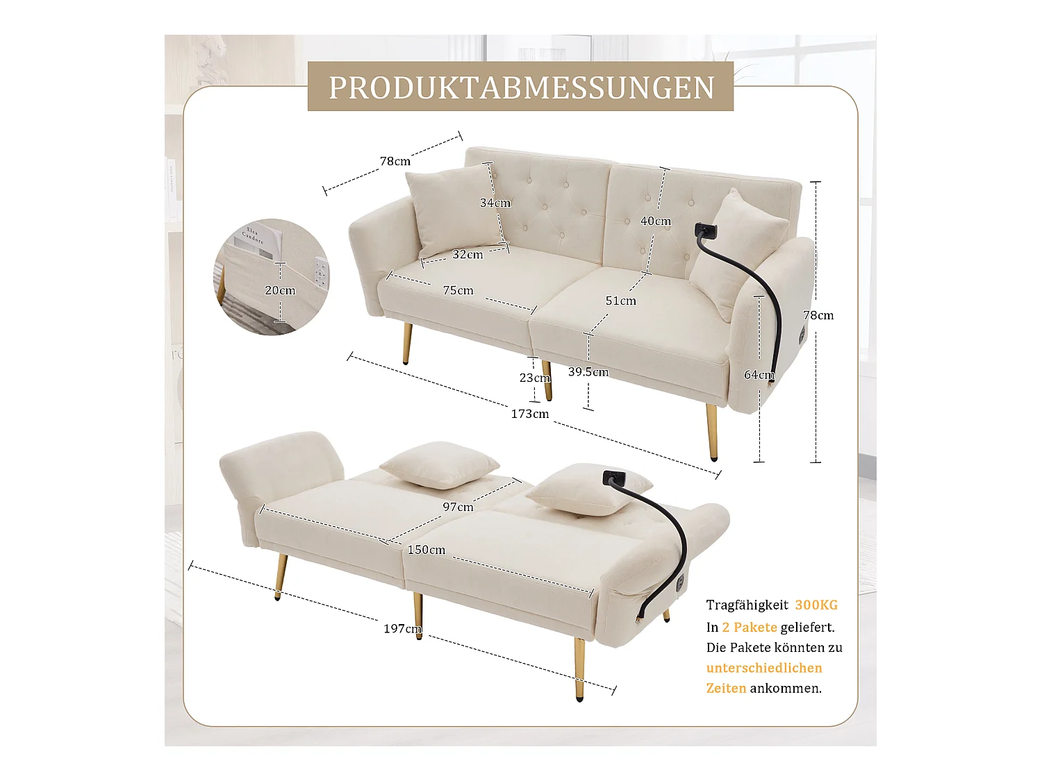 Canapé 2 places convertible avec dossier réglable + 2 USB + poche latérale - 173 x 78 x 78 - velours - beige