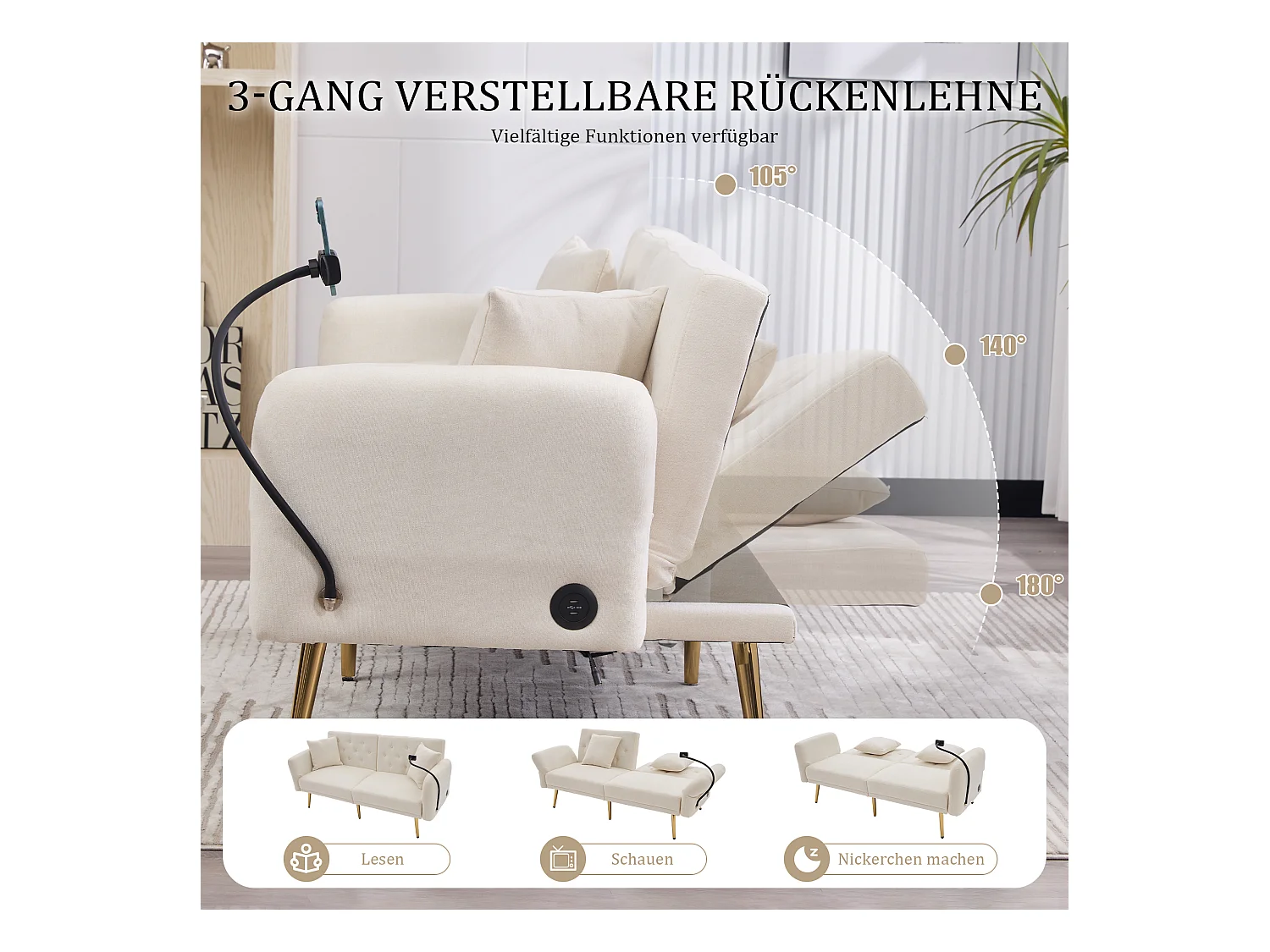 Canapé 2 places convertible avec dossier réglable + 2 USB + poche latérale - 173 x 78 x 78 - velours - beige