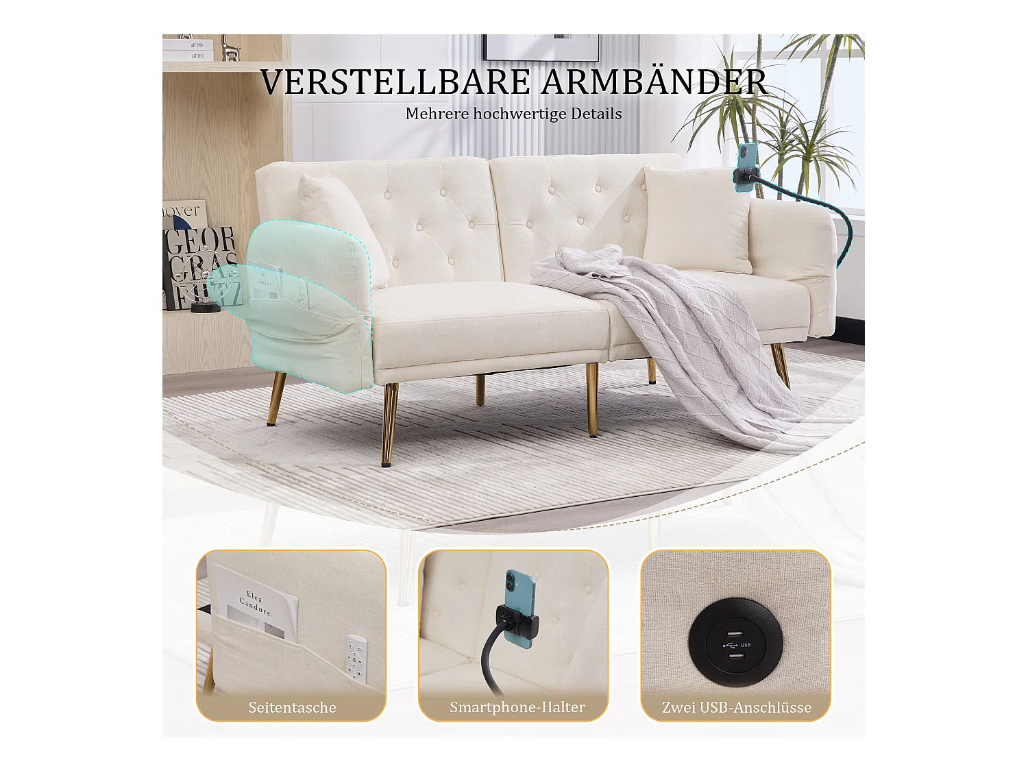 Canapé 2 places convertible avec dossier réglable + 2 USB + poche latérale - 173 x 78 x 78 - velours - beige