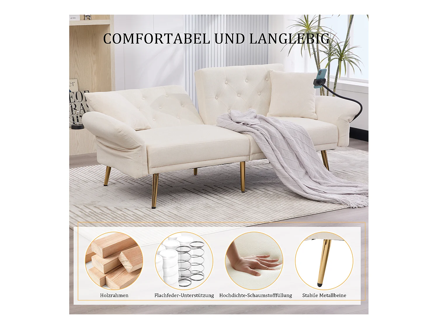 Canapé 2 places convertible avec dossier réglable + 2 USB + poche latérale - 173 x 78 x 78 - velours - beige