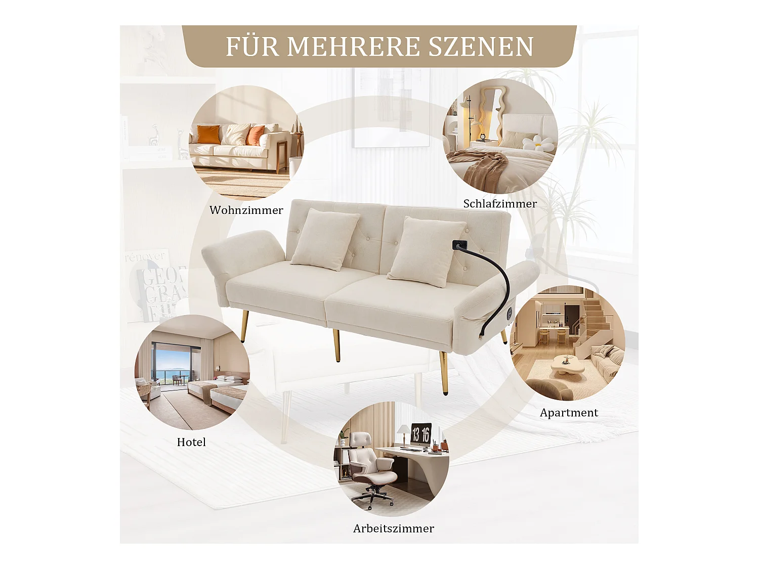 Canapé 2 places convertible avec dossier réglable + 2 USB + poche latérale - 173 x 78 x 78 - velours - beige