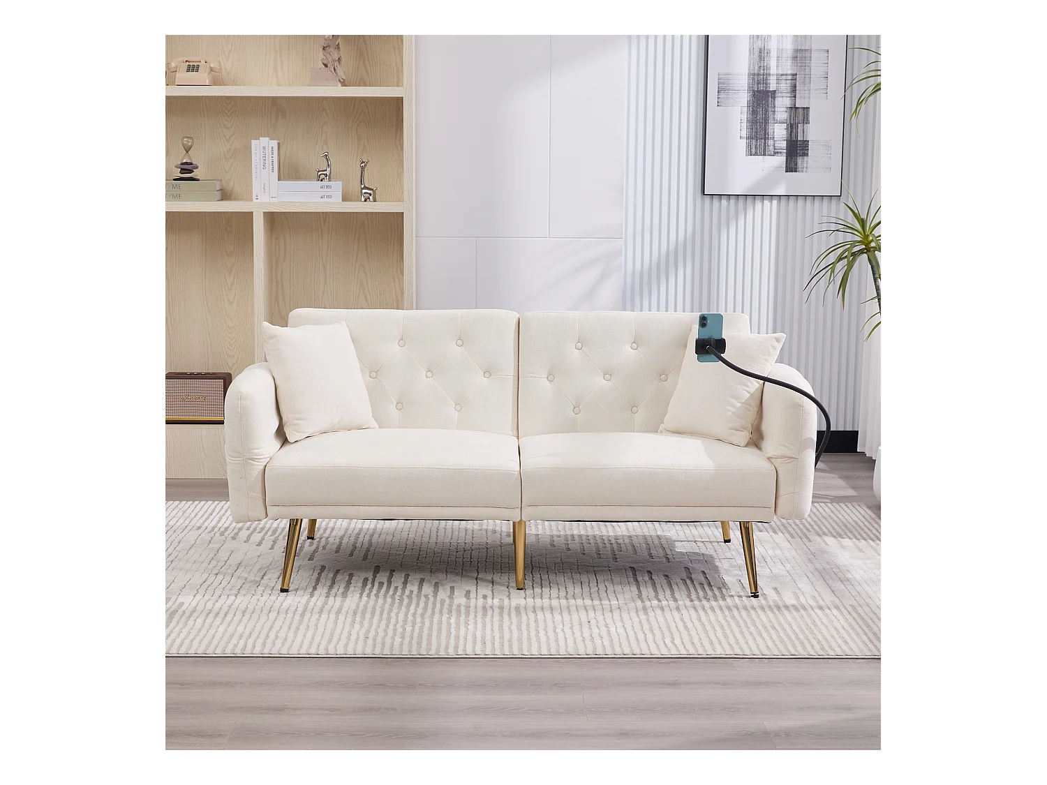 Canapé 2 places convertible avec dossier réglable + 2 USB + poche latérale - 173 x 78 x 78 - velours - beige