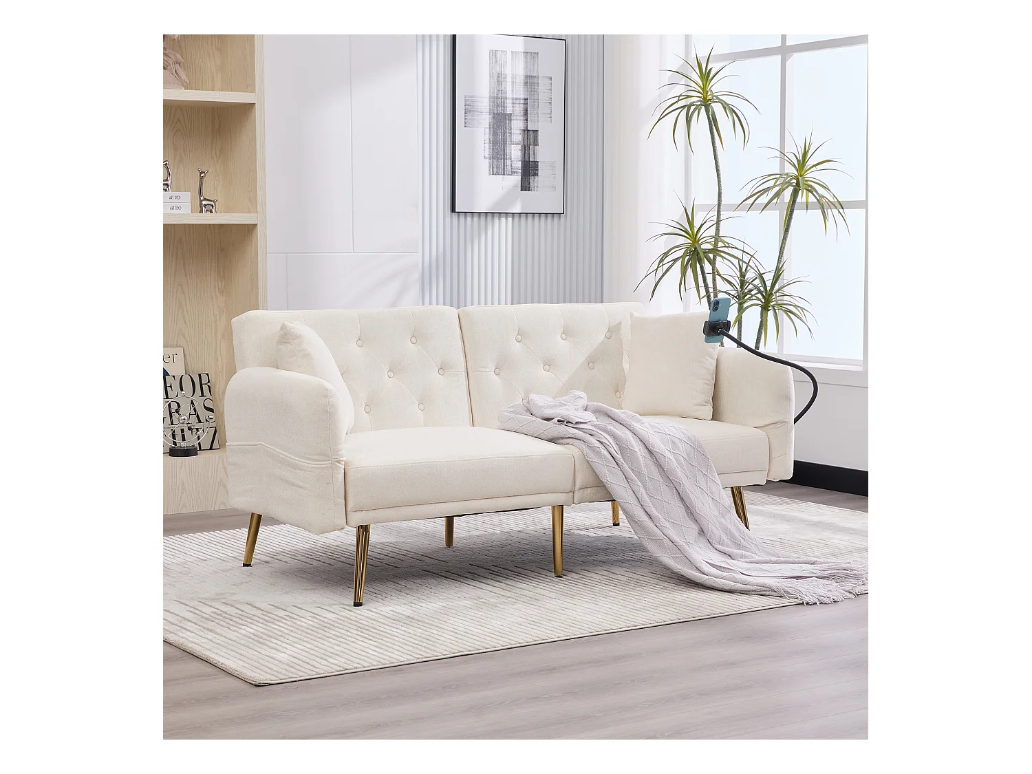 Canapé 2 places convertible avec dossier réglable + 2 USB + poche latérale - 173 x 78 x 78 - velours - beige