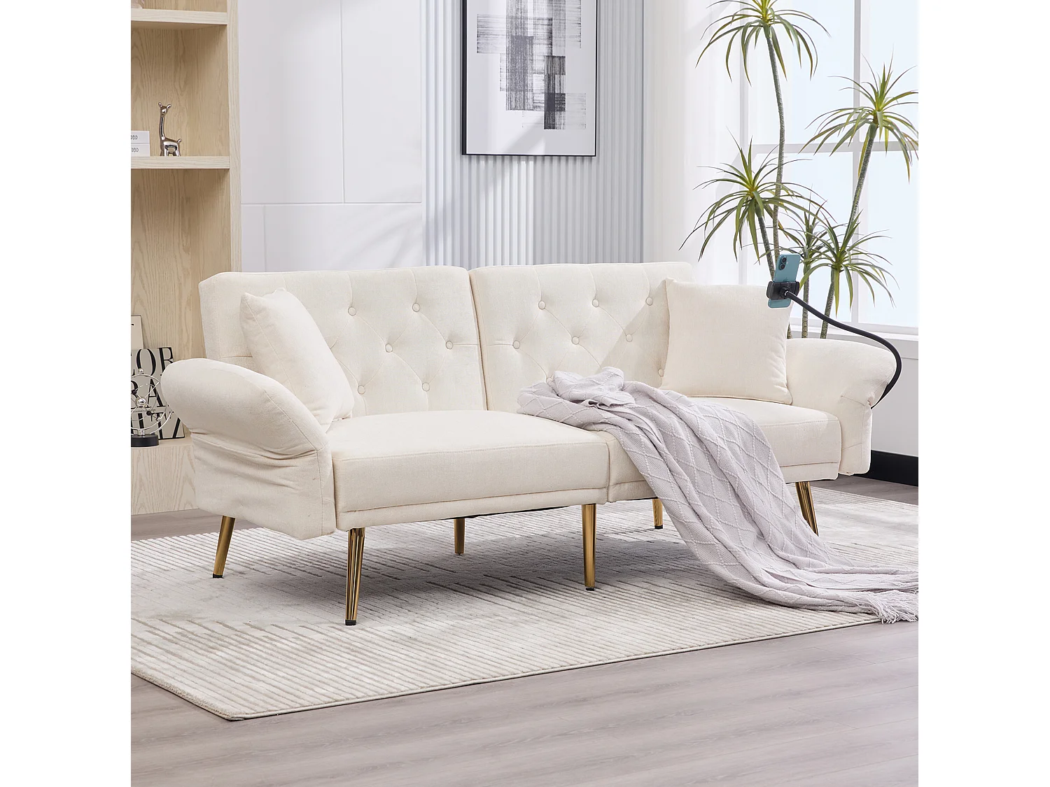 Canapé 2 places convertible avec dossier réglable + 2 USB + poche latérale - 173 x 78 x 78 - velours - beige