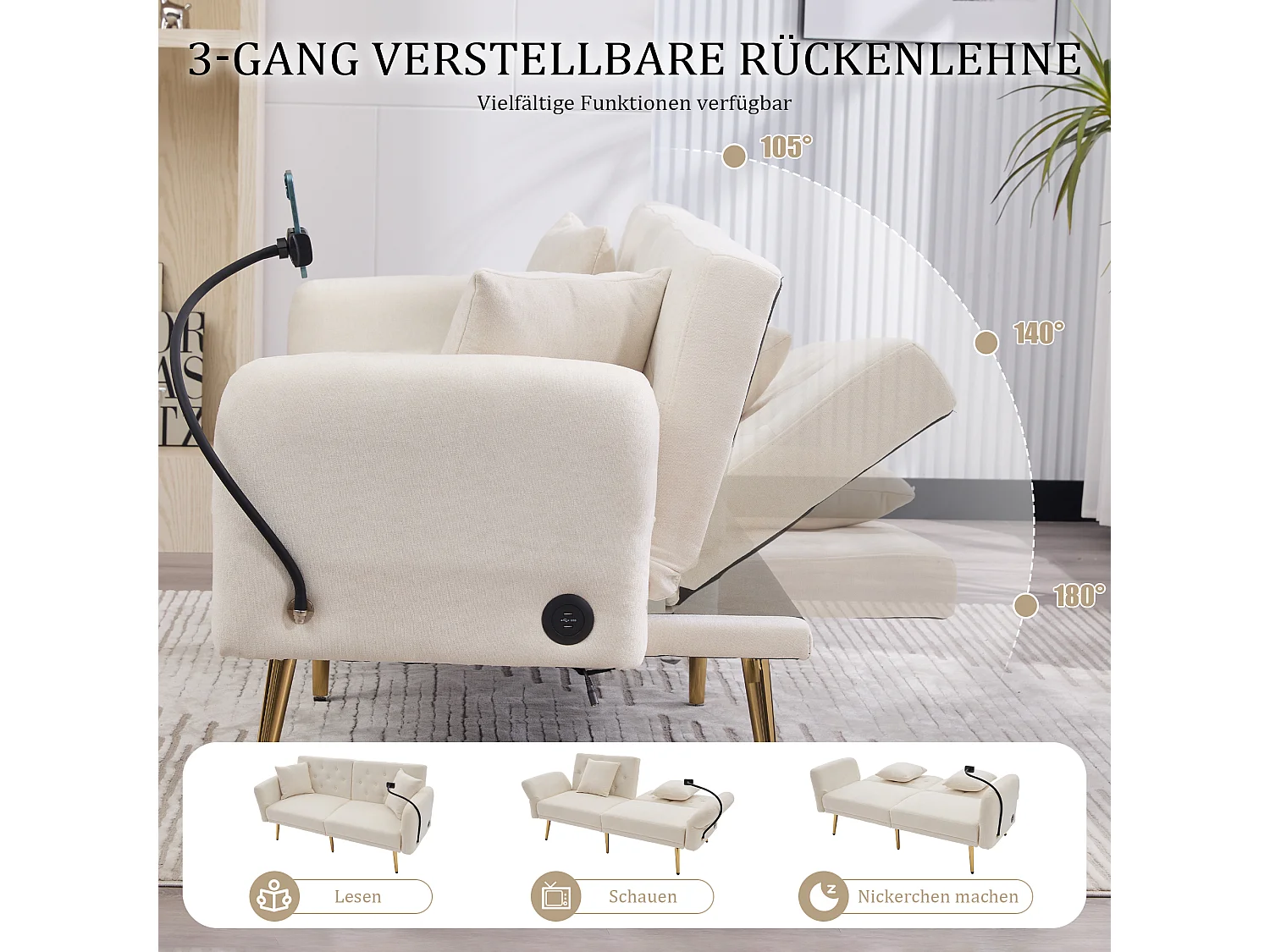 Canapé 2 places convertible avec dossier réglable + 2 USB + poche latérale - 173 x 78 x 78 - velours - beige