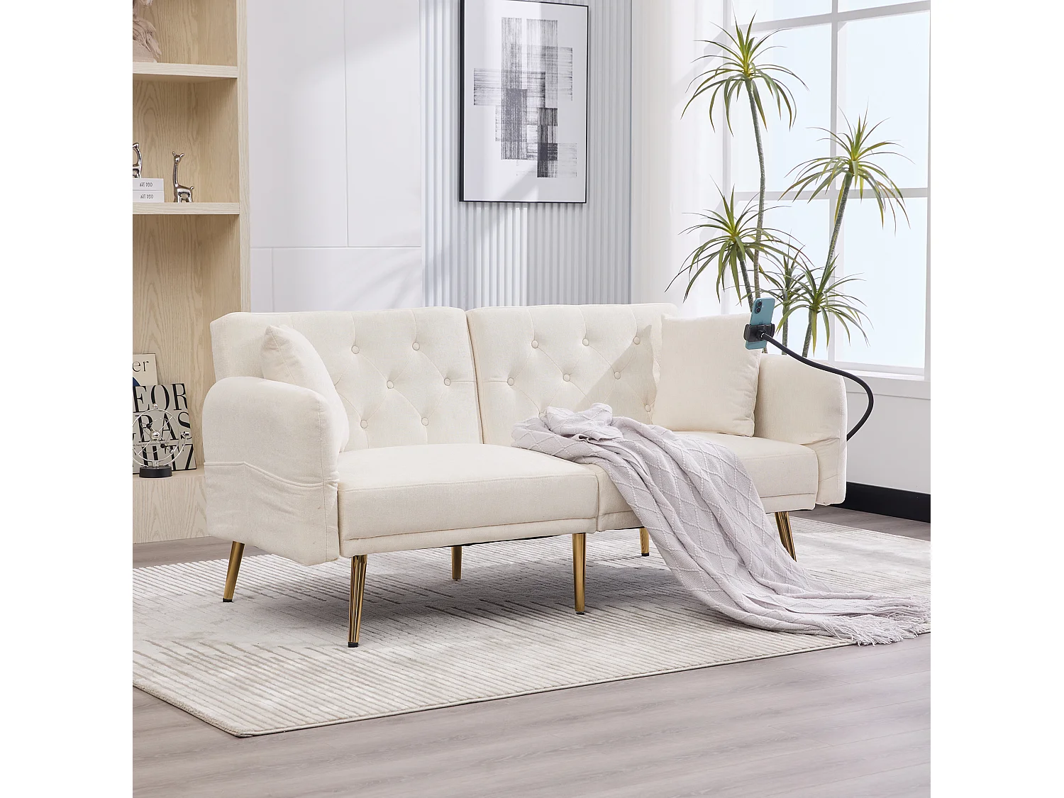 Canapé 2 places convertible avec dossier réglable + 2 USB + poche latérale - 173 x 78 x 78 - velours - beige