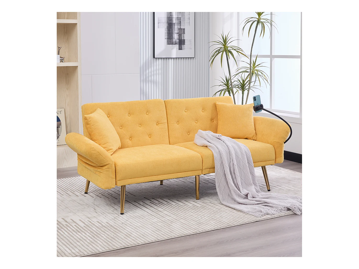 Canapé 2 places convertible avec dossier réglable + 2 USB + poche latérale - 173 x 78 x 78 - velours - Jaune