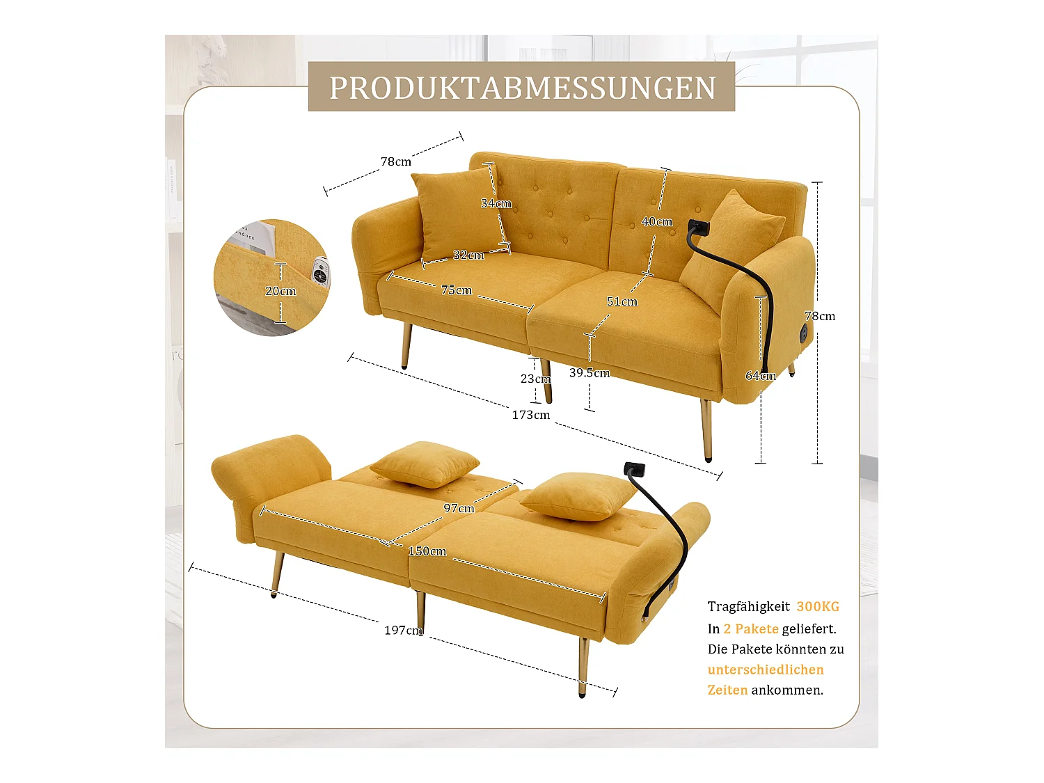 Canapé 2 places convertible avec dossier réglable + 2 USB + poche latérale - 173 x 78 x 78 - velours - Jaune