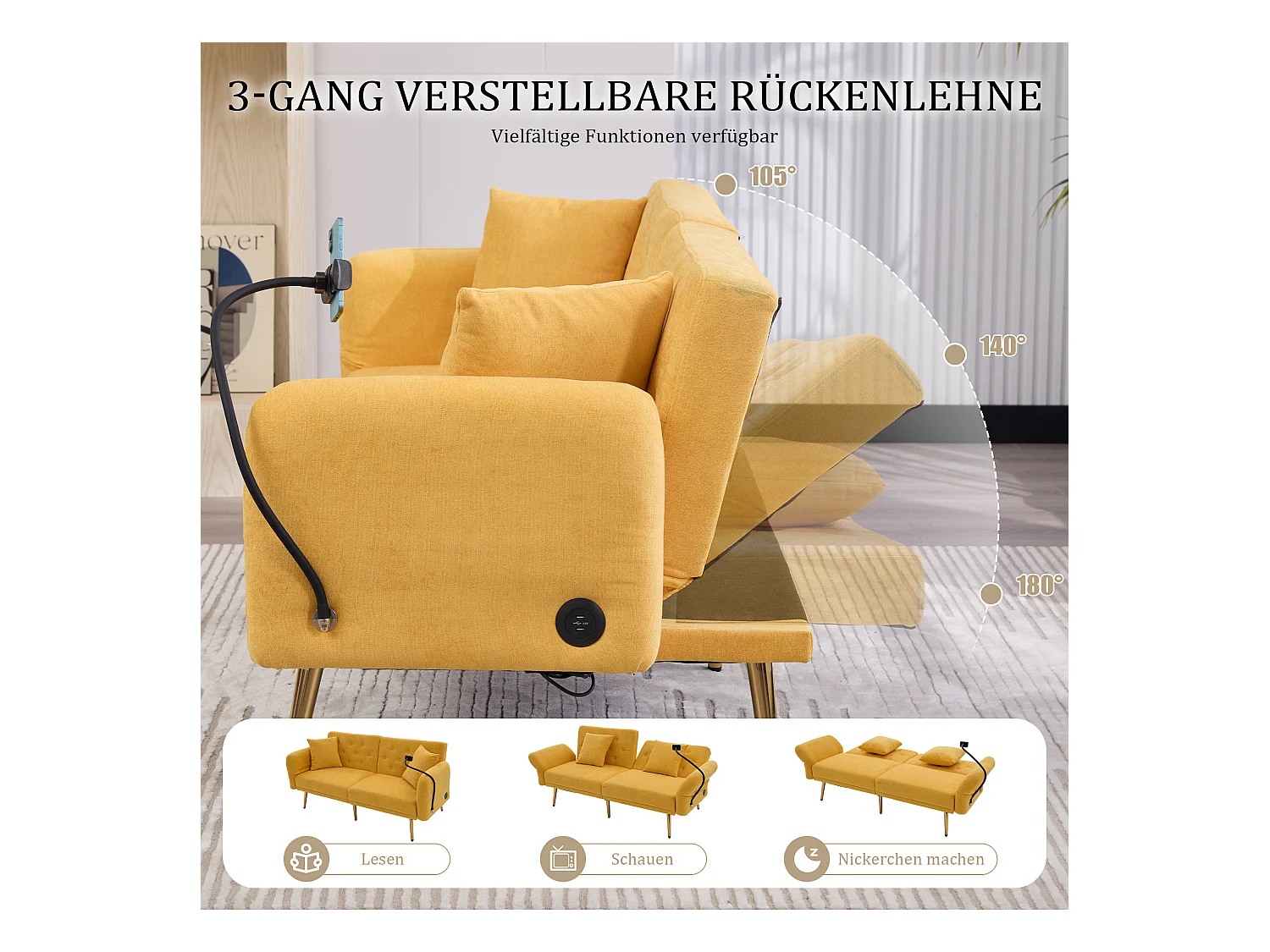 Canapé 2 places convertible avec dossier réglable + 2 USB + poche latérale - 173 x 78 x 78 - velours - Jaune