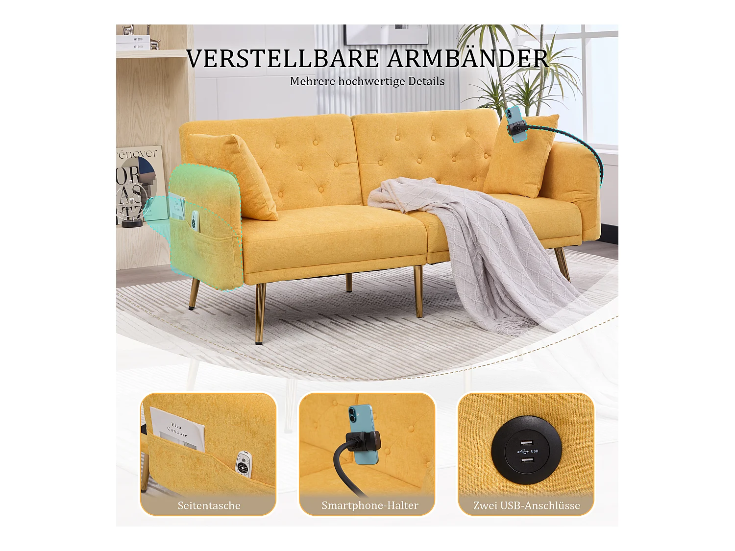Canapé 2 places convertible avec dossier réglable + 2 USB + poche latérale - 173 x 78 x 78 - velours - Jaune