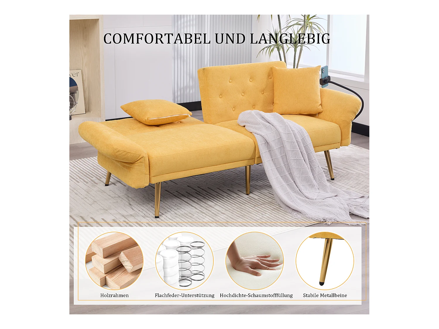 Canapé 2 places convertible avec dossier réglable + 2 USB + poche latérale - 173 x 78 x 78 - velours - Jaune