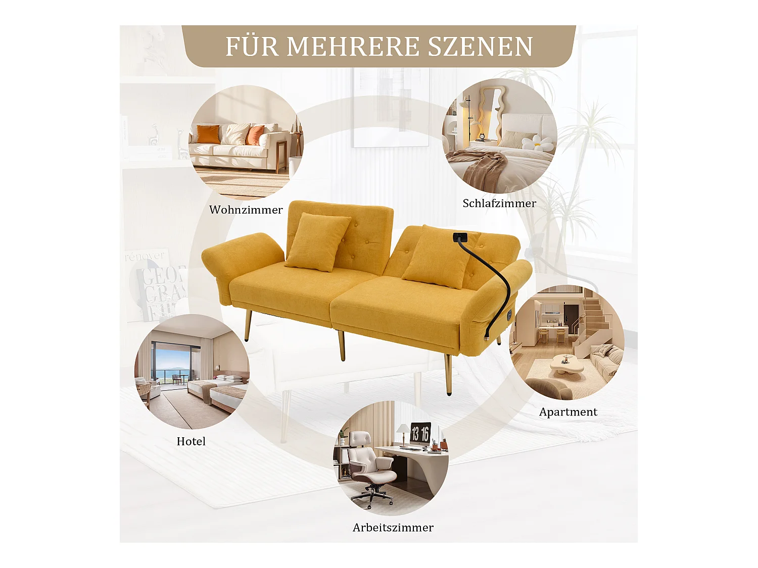 Canapé 2 places convertible avec dossier réglable + 2 USB + poche latérale - 173 x 78 x 78 - velours - Jaune