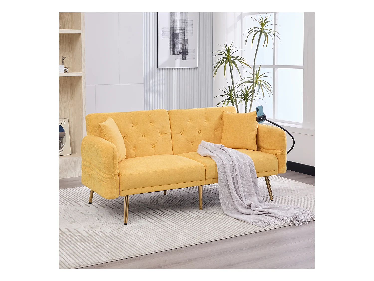 Canapé 2 places convertible avec dossier réglable + 2 USB + poche latérale - 173 x 78 x 78 - velours - Jaune