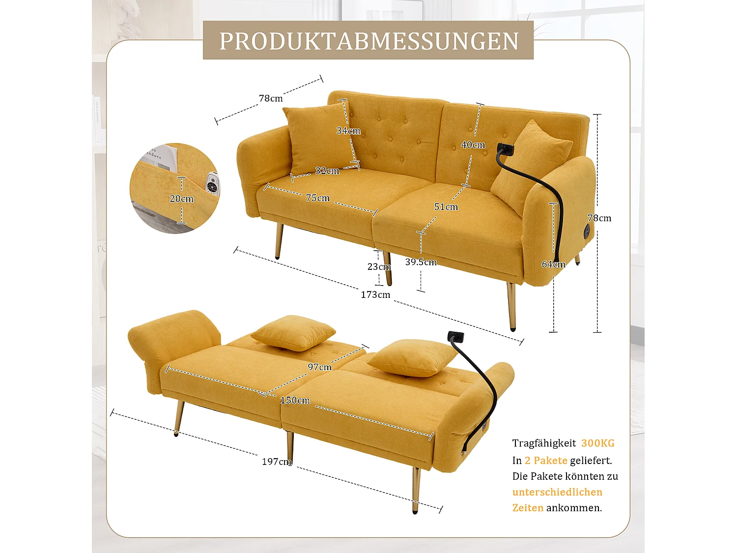 Canapé 2 places convertible avec dossier réglable + 2 USB + poche latérale - 173 x 78 x 78 - velours - Jaune