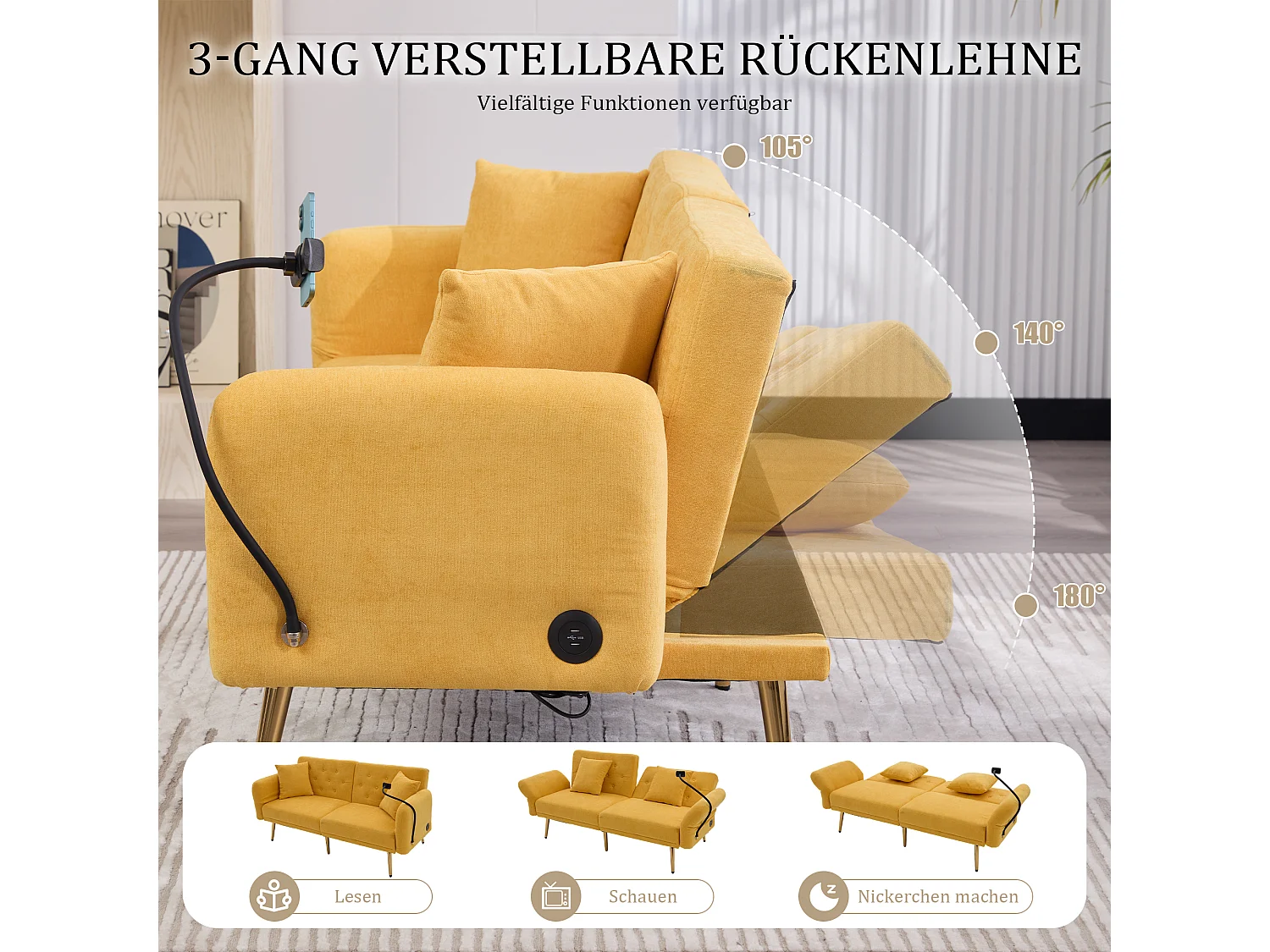 Canapé 2 places convertible avec dossier réglable + 2 USB + poche latérale - 173 x 78 x 78 - velours - Jaune