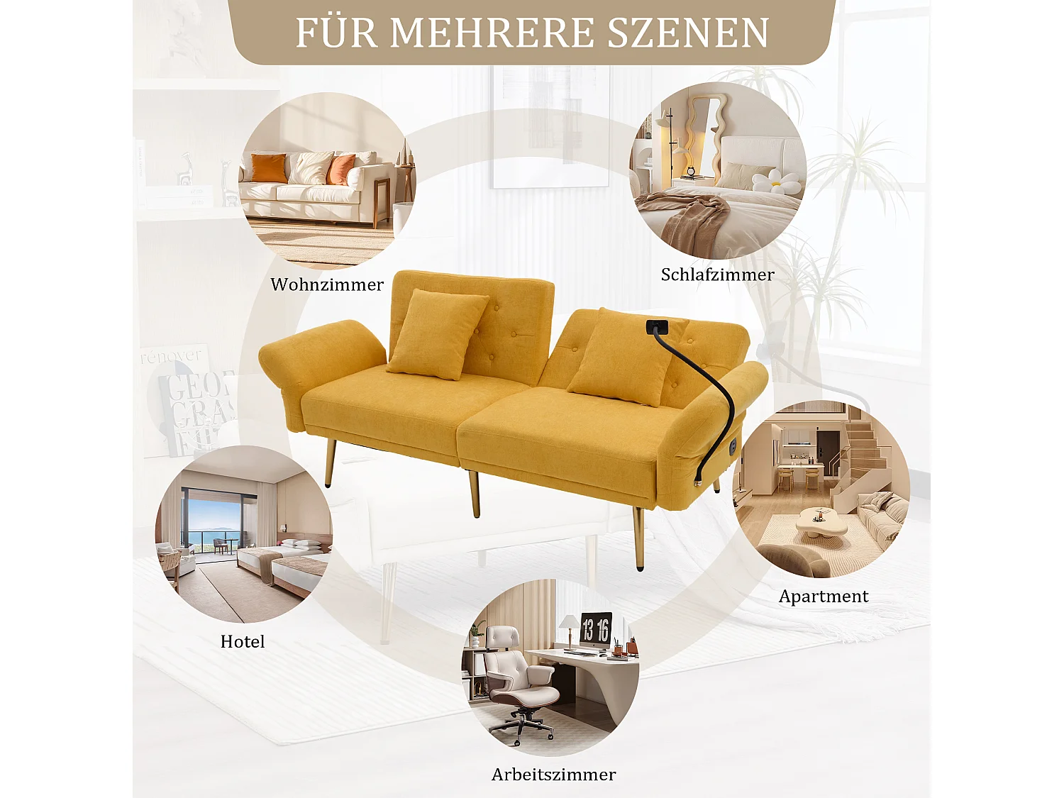 Canapé 2 places convertible avec dossier réglable + 2 USB + poche latérale - 173 x 78 x 78 - velours - Jaune